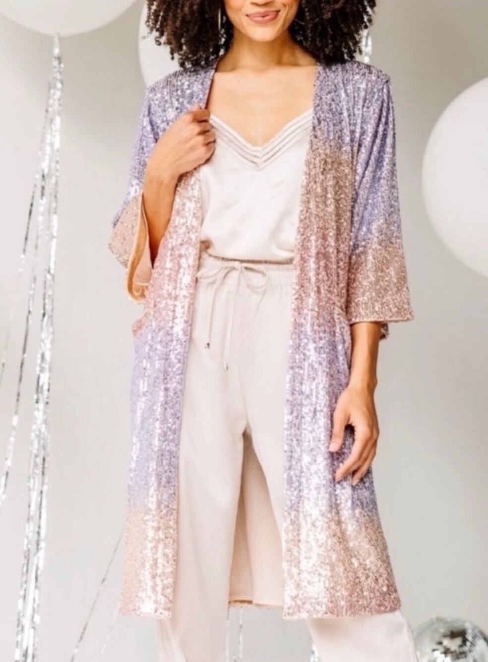 Skies Are Blue Shimmering Purple Champagne Gradient Sequin Duster Robe-Size L